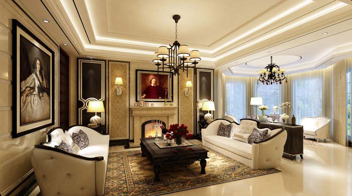 水印城現代新古典別墅客廳裝修設計案例效果圖