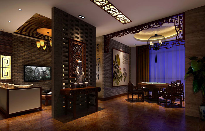 簡潔、大氣中式餐廳接待區域裝修設計案例效果圖