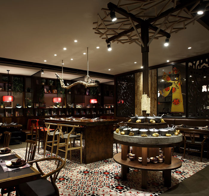 沉穩、古樸、自然、寧靜的火鍋店擺放區域方案設計效果圖