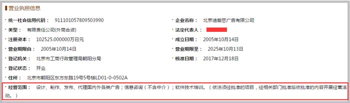 廣告有限公司經營范圍截圖