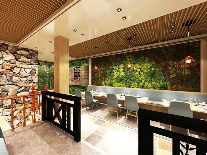 連鎖中式快餐店拐角餐區(qū)裝修設(shè)計效果圖