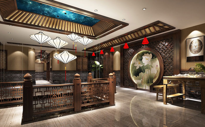 中式川菜館二樓玄關(guān)裝修設(shè)計(jì)效果圖