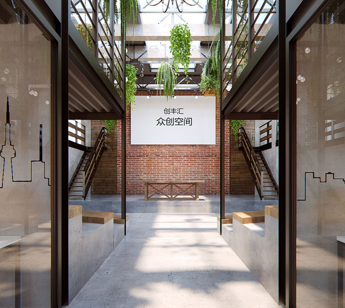 loft風格眾創空間辦公室進門區裝修設計效果圖
